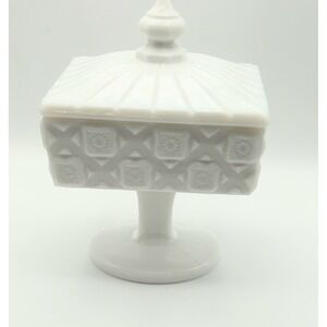 Vintage White Milk Glass Pedestal Candy Dish with Lid Square Geometric Pattern